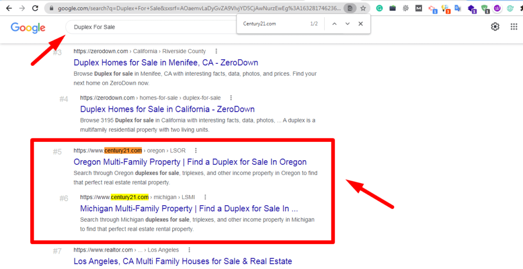 Google results for duplex for sale with the client highlighted