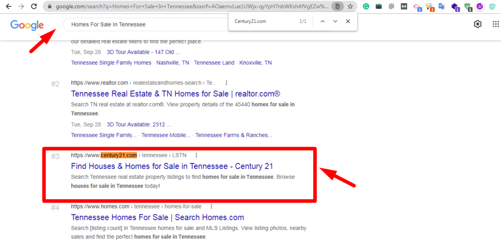 Google results for homes for sale in Tennessee with the client highlighted