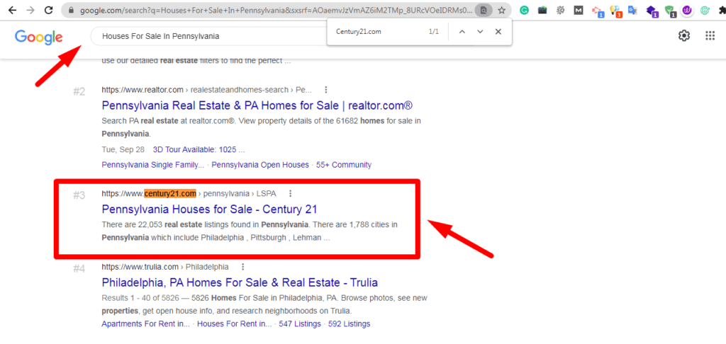 Google results for houses for sale in Pennsylvania with the client highlighted