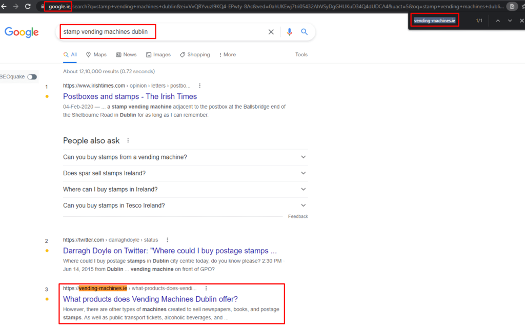 Google results for a vending machine keyword with the client highlighted
