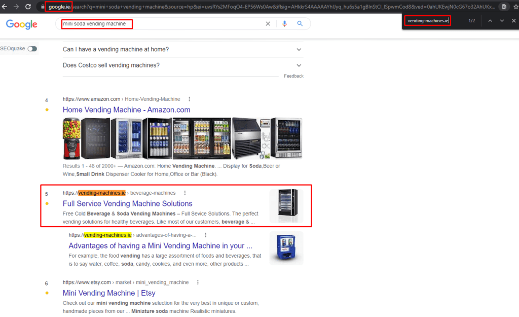 Google results for a vending machine keyword with the client highlighted
