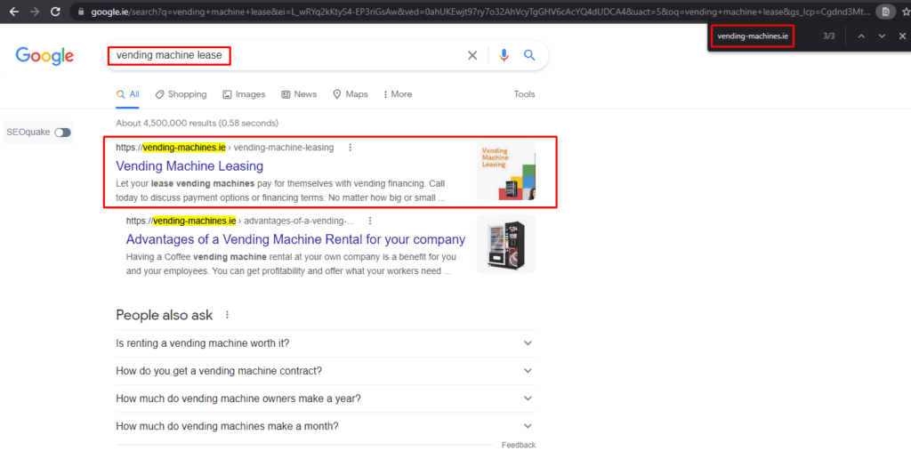 Google results for a vending machine keyword with the client highlighted