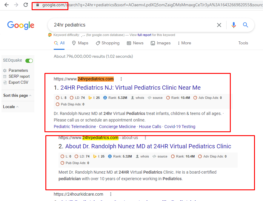 Google results for a 24-hour paediatrics keyword with the client highlighted
