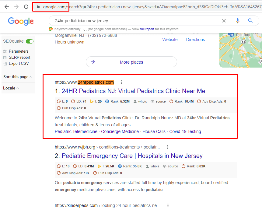 Google results for a paediatrics keyword in New Jersey with the client highlighted