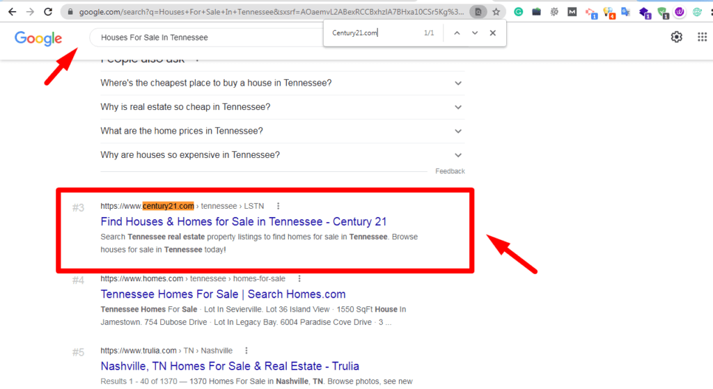 Google results for houses for sale in Tennessee with the client highlighted