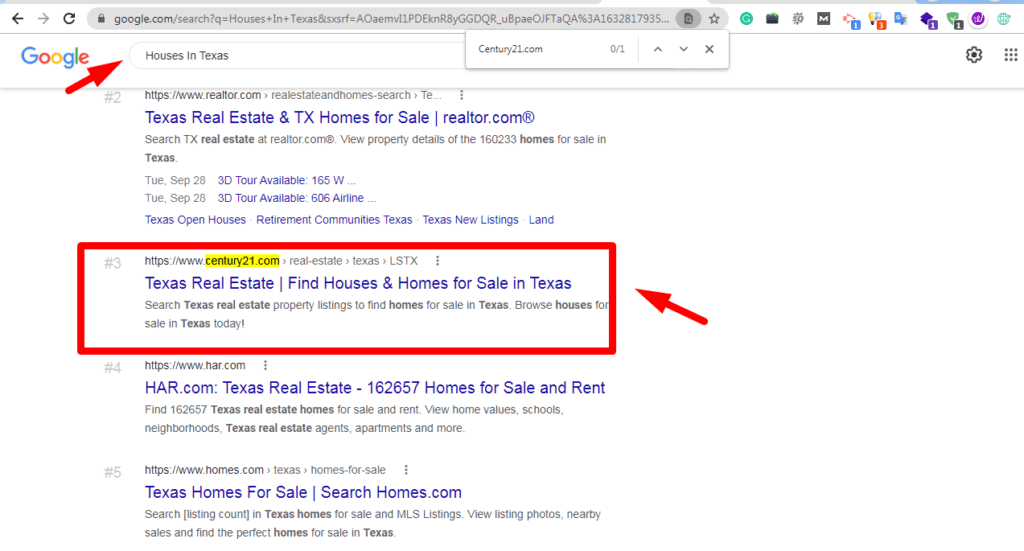 Google results for houses in Texas with the client highlighted
