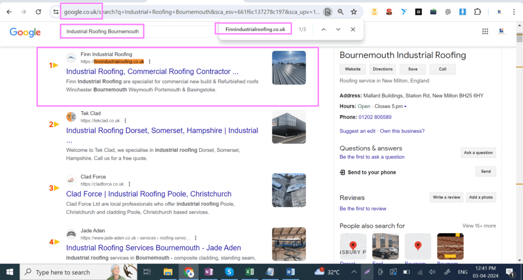 Google UK results with the client ranked first