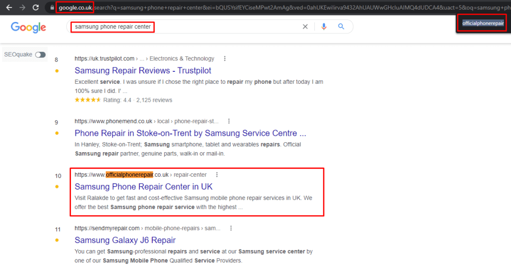 Google results for a phone repair keyword with the client highlighted