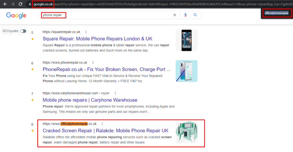 Google results for a phone repair keyword with the client highlighted