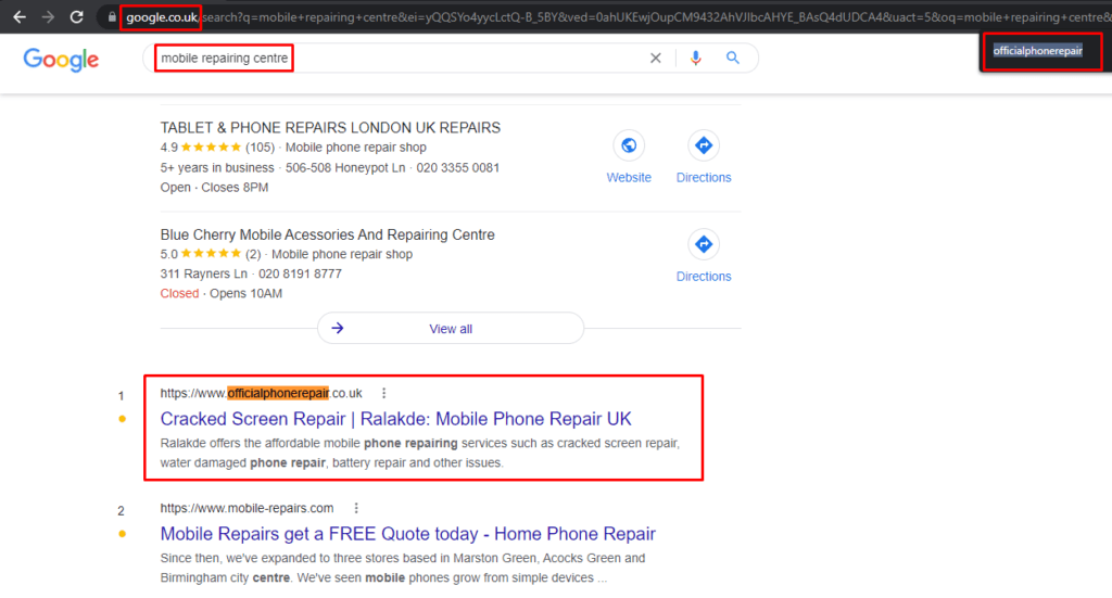 Google results for a phone repair keyword with the client highlighted