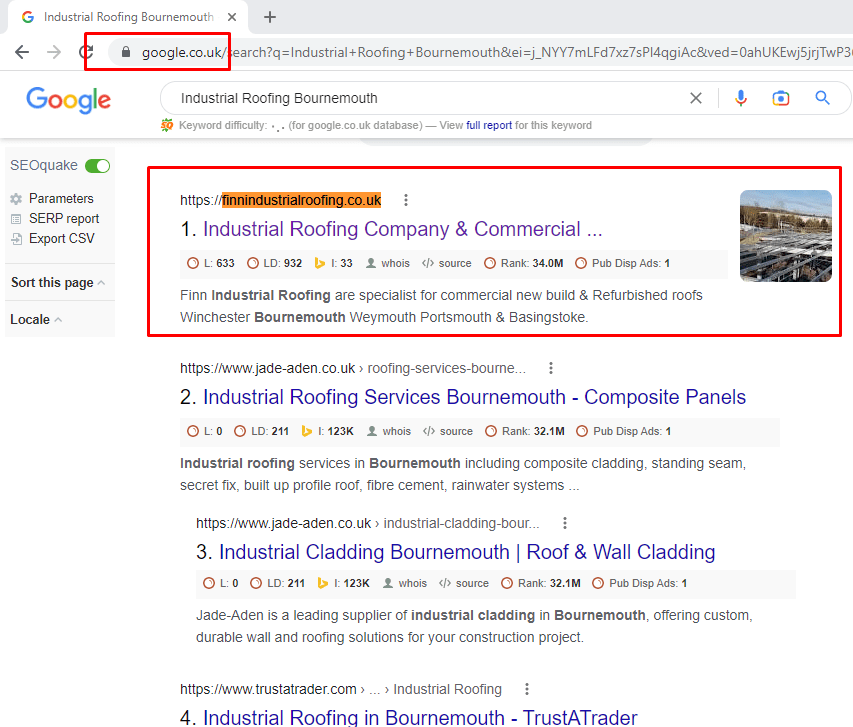 Google UK results page for a roofing keyword with the client highlighted
