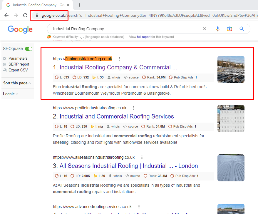 Google UK results page for a roofing keyword with the client highlighted