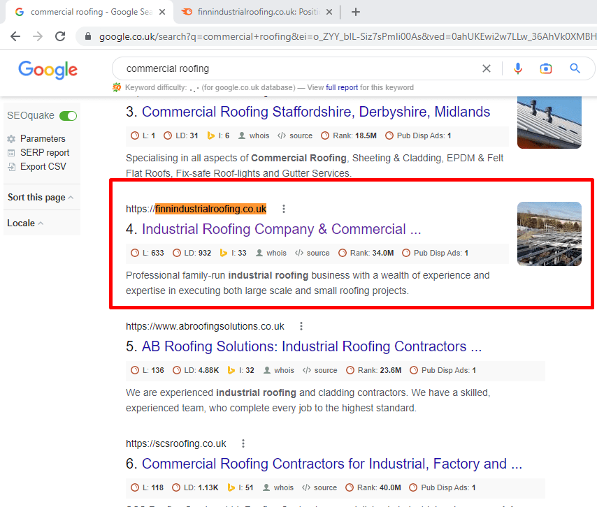 Google UK results page for a roofing keyword with the client highlighted
