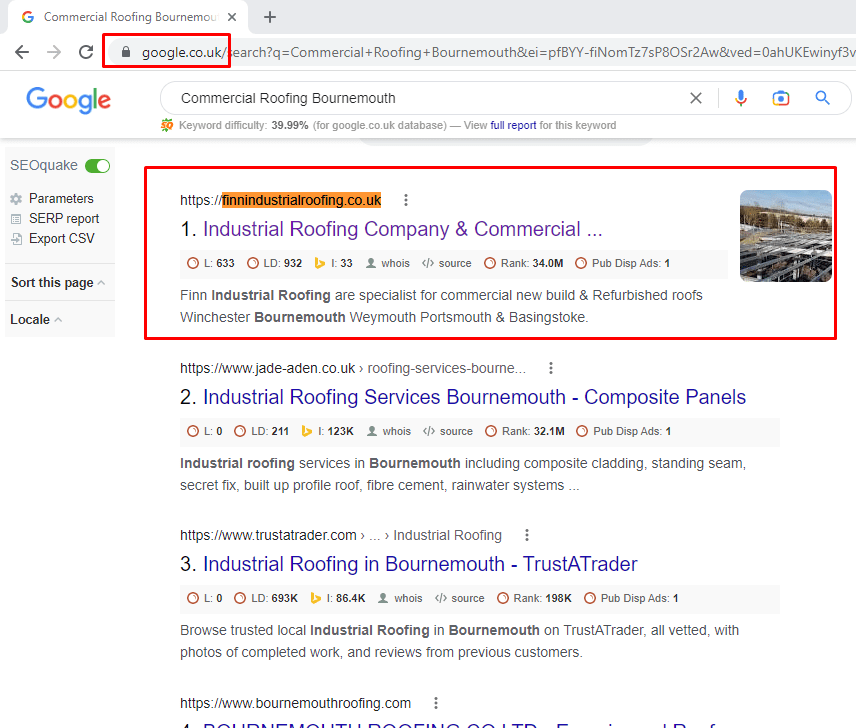 Google UK results page for a roofing keyword with the client highlighted
