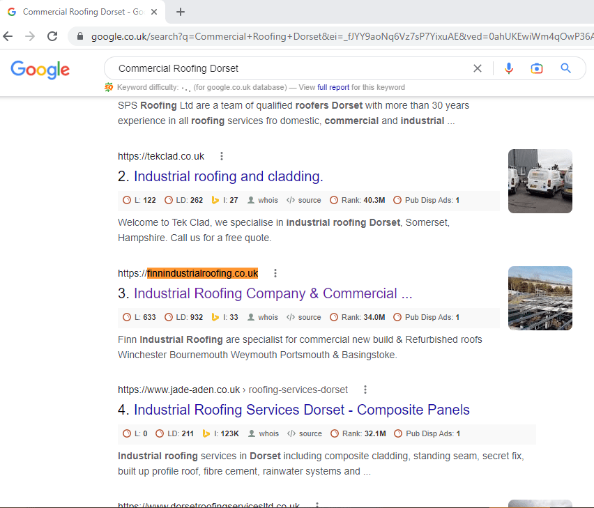Google UK results page for a roofing keyword with the client highlighted